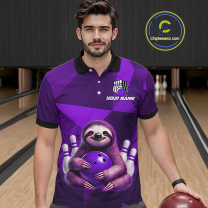 Purple Funny Sloth Bowling Shirt for Men Custom Bowling Jersey Polo & Quarter-Zip Bowling Outfit QZT995