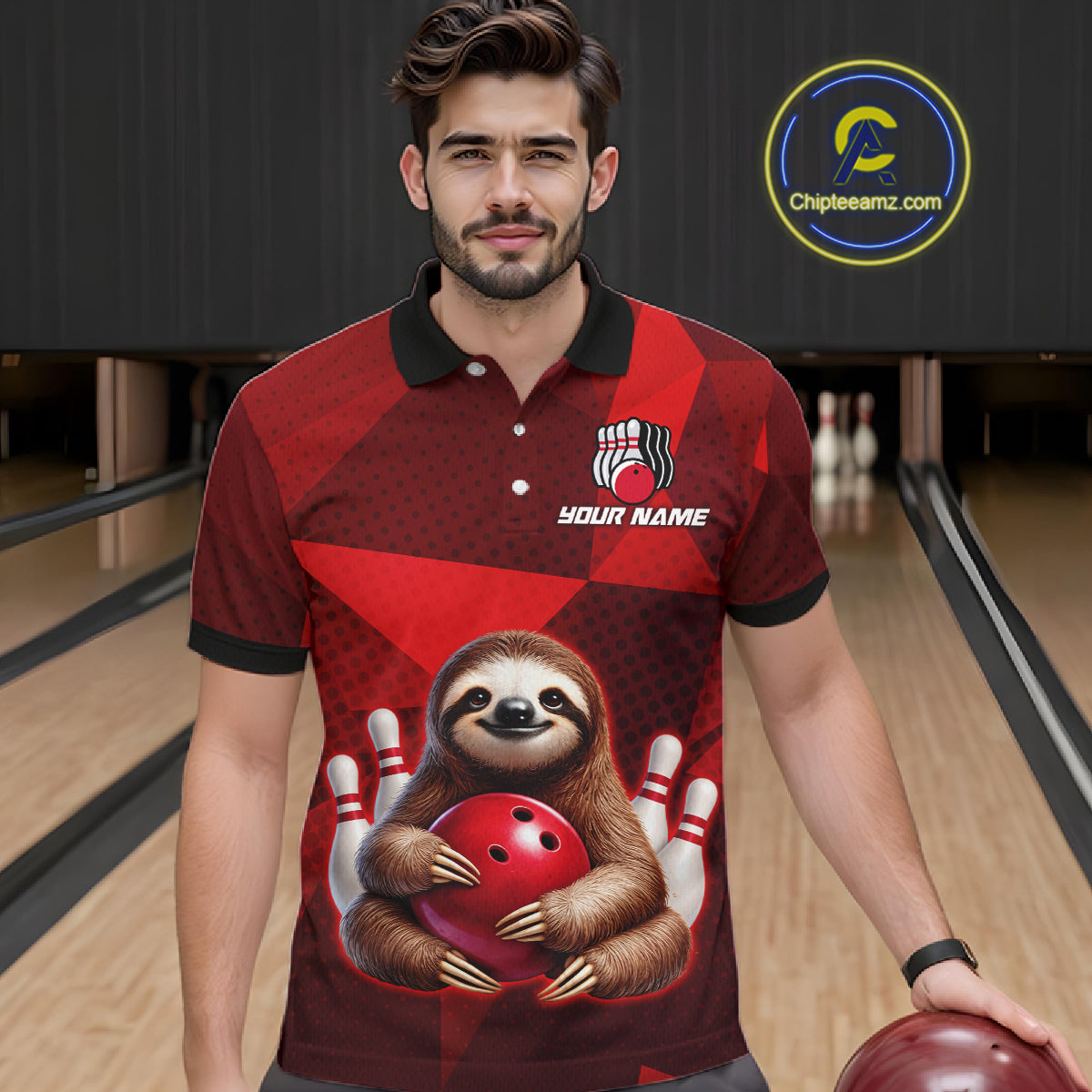 Red Funny Sloth Bowling Shirt for Men Custom Bowling Jersey Polo & Quarter-Zip Bowling Outfit QZT995