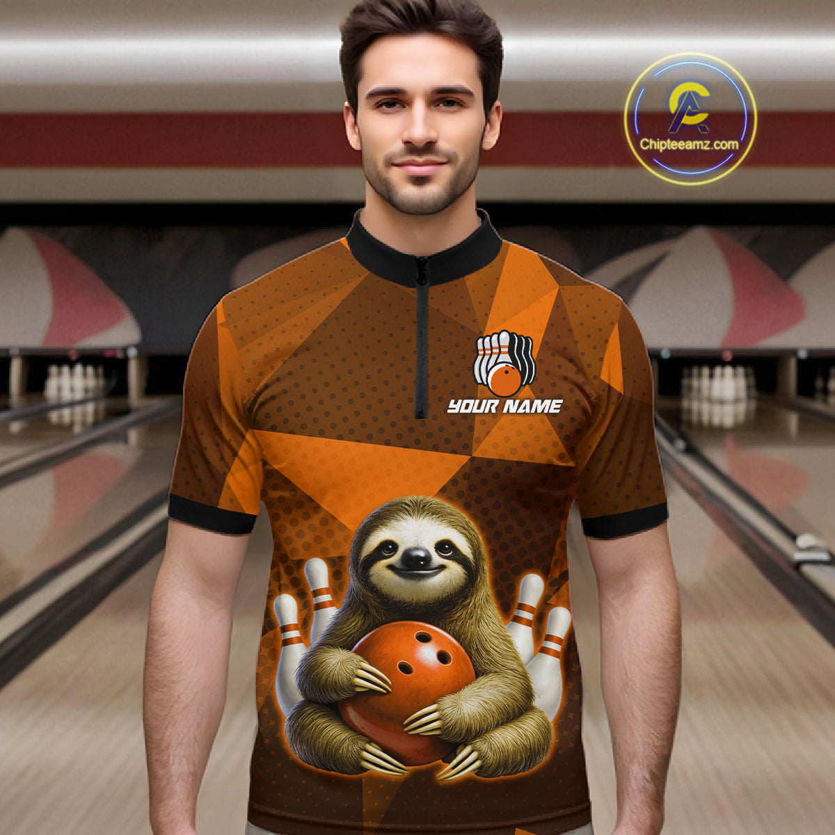 Orange Funny Sloth Bowling Shirt for Men Custom Bowling Jersey Polo & Quarter-Zip Bowling Outfit QZT995