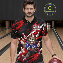 Load image into Gallery viewer, Man wearing custom red pit bull bowling polo shirt, front view mockup, personalized bowling league jersey.