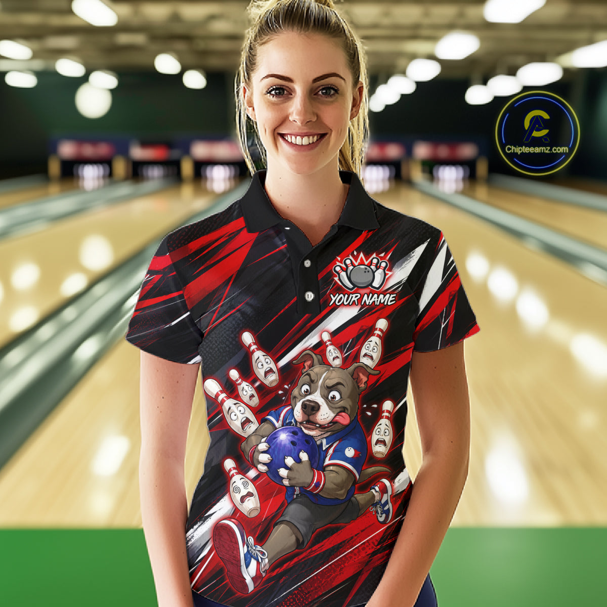 Woman wearing custom red pit bull bowling polo shirt, front view mockup, personalized bowling league jersey.