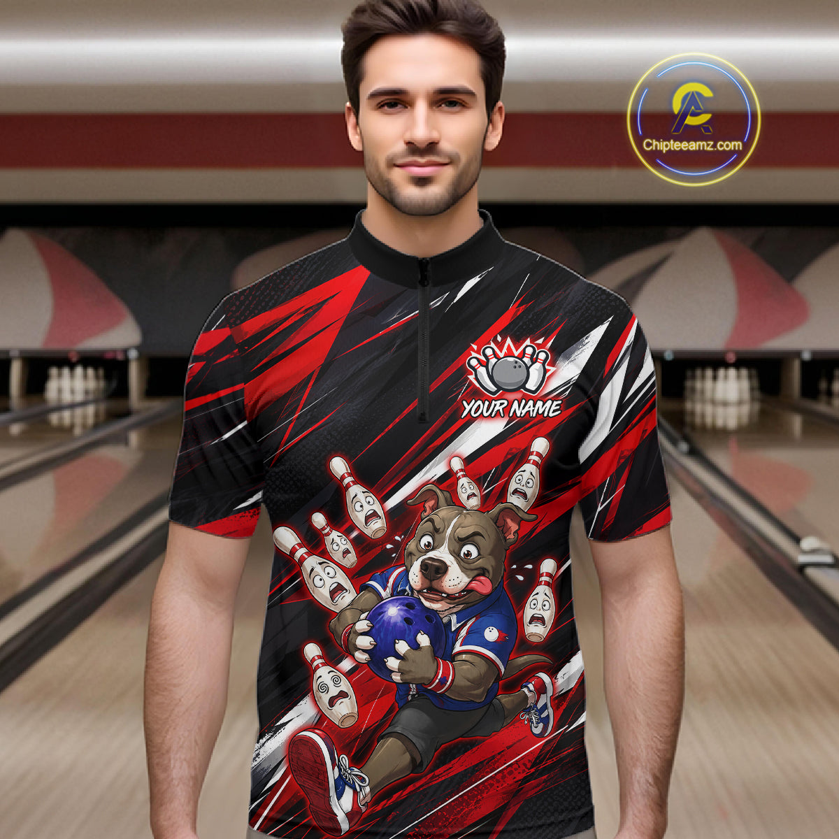 Man wearing custom red pit bull bowling 1/4 zip shirt, front view mockup, personalized bowling league jersey.
