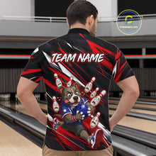 Load image into Gallery viewer, Man wearing custom red pit bull bowling 1/4 zip shirt, back view mockup, personalized bowling league jersey.