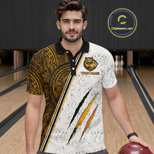 Load image into Gallery viewer, Man wearing custom yellow tribal tiger  bowling polo shirt, front view mockup, personalized bowling league jersey.