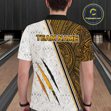 Load image into Gallery viewer, Man wearing custom yellow tribal tiger  bowling polo shirt, back view mockup, personalized bowling league jersey.