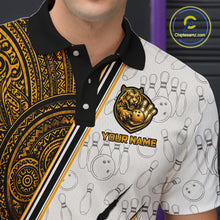 Load image into Gallery viewer, Close-up collar view of custom yellow tribal tiger bowling polo shirt with personalized name detail.