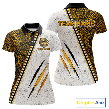 Custom yellow tribal tiger bowling polo shirt, front and back views, bowling league jersey for women