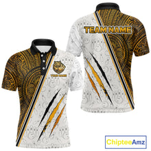 Load image into Gallery viewer, Custom yellow tribal tiger bowling polo shirt, front and back views, bowling league jersey for men