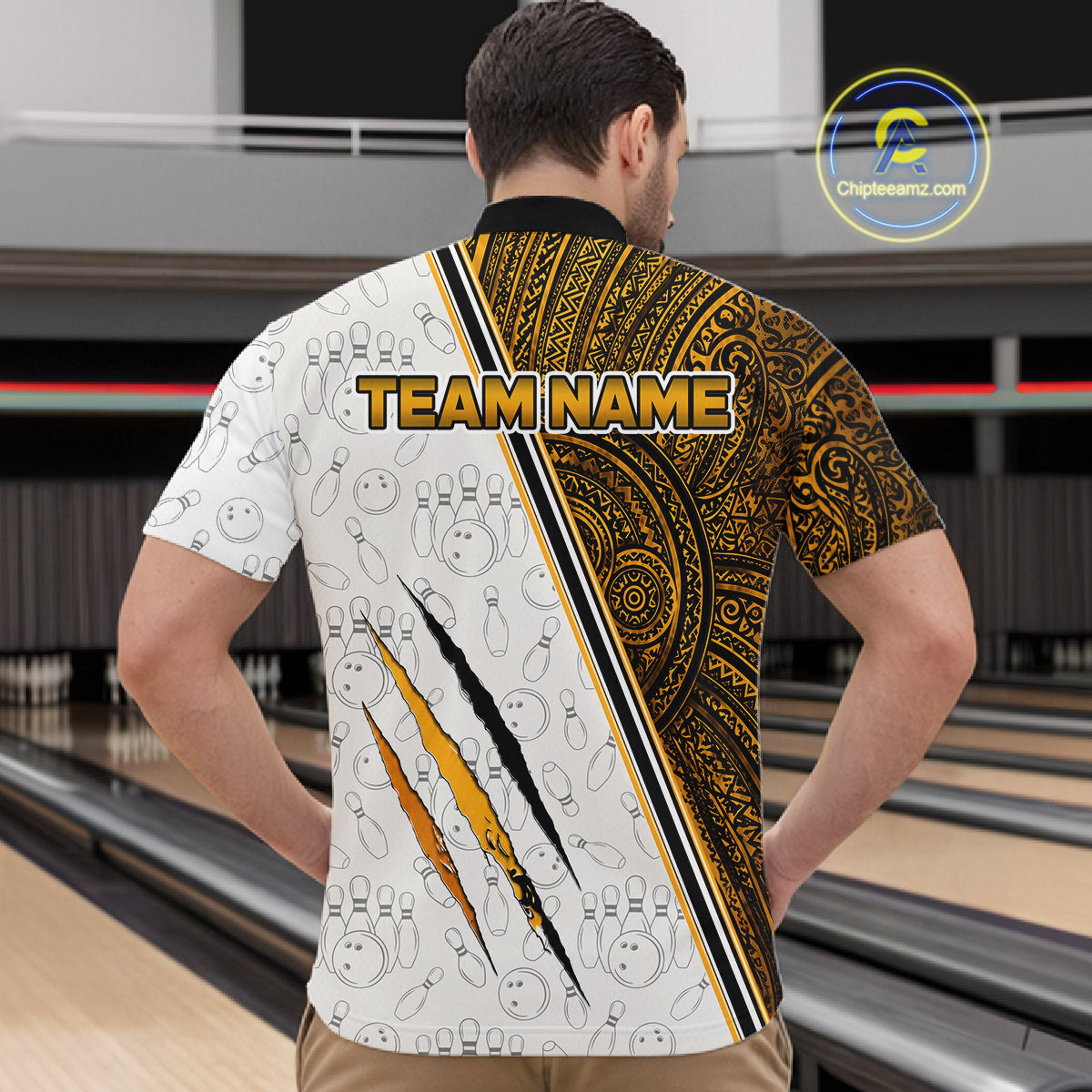 Man wearing custom yellow tribal tiger bowling 1/4 zip shirt, back view mockup, personalized bowling league jersey.