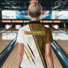 Load image into Gallery viewer, Woman wearing custom yellow tribal tiger  bowling polo shirt, back view mockup, personalized bowling league jersey.