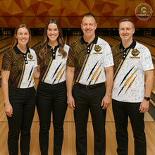 Load image into Gallery viewer, Bowling team wearing custom yellow tribal tiger bowling shirts, group front view mockup, personalized team jerseys.
