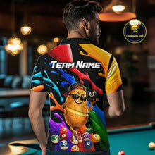 Load image into Gallery viewer, Person wearing a colorful shirt with a potato character and billiard balls design, standing in a pool hall.