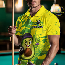 Load image into Gallery viewer, Person wearing a colorful shirt with an avocado character holding a pool cue in front of a pool table.