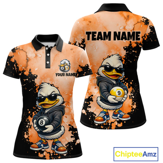 Customizable short-sleeve polo shirt shown from the front and back, featuring a cartoon duck character in a black jacket holding billiard balls, with an orange and black splattered background and placeholder text 'TEAM NAME' and 'YOUR NAME'.