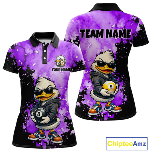 Front and back views of a custom short-sleeve polo shirt featuring a purple and black watercolor splatter design with a cartoon duck character wearing sunglasses and holding billiard balls. The front shows a small customizable logo area, and the back displays 'TEAM NAME' in bold text.