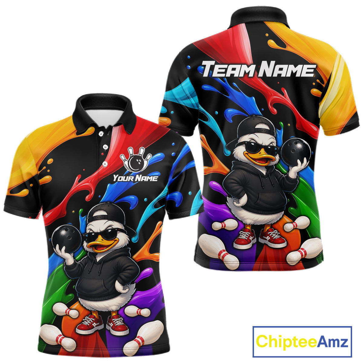 Front and back views of a short-sleeve polo shirt featuring a colorful all-over print with a cartoon duck bowling theme, customizable text placeholders, and a multicolor paint-splatter design on a white background.