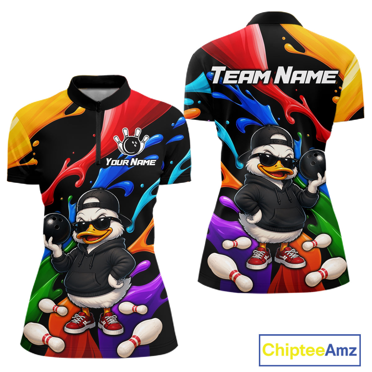 Front and back views of a short-sleeve polo shirt with a colorful bowling-themed cartoon duck design. The shirt features a black base with bright multicolor paint splashes in red, yellow, blue, green, orange, and purple.