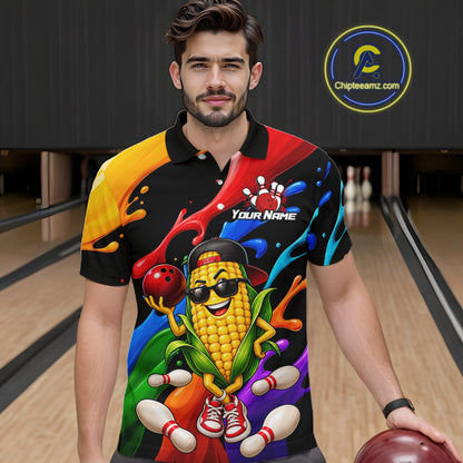 Custom Funny Corn Bowling Shirt Colorful Bowling Team Jersey for Men Polo & 1/4-Zip QZT1305