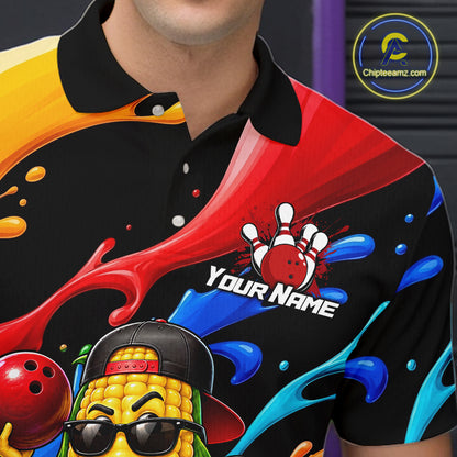 Custom Funny Corn Bowling Shirt Colorful Bowling Team Jersey for Men Polo & 1/4-Zip QZT1305