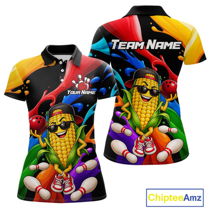 Custom Funny Corn Bowling Shirt Colorful Bowling Team Jersey for Women Polo & 1/4-Zip QZT1305