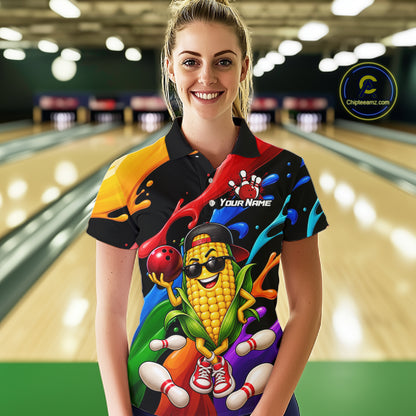 Custom Funny Corn Bowling Shirt Colorful Bowling Team Jersey for Women Polo & 1/4-Zip QZT1305