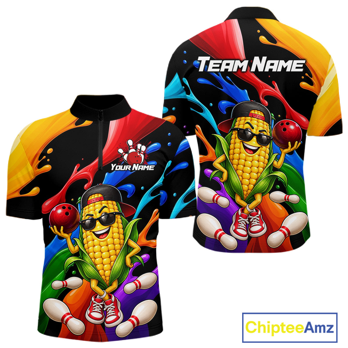 Custom Funny Corn Bowling Shirt Colorful Bowling Team Jersey for Men Polo & 1/4-Zip QZT1305