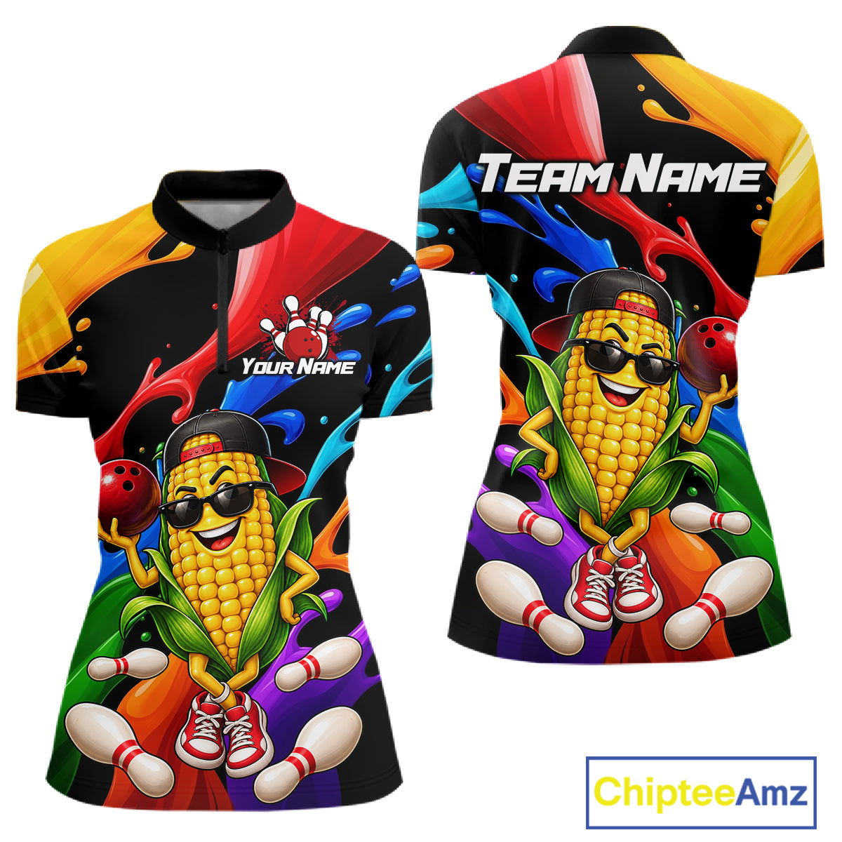 Custom Funny Corn Bowling Shirt Colorful Bowling Team Jersey for Women Polo & 1/4-Zip QZT1305