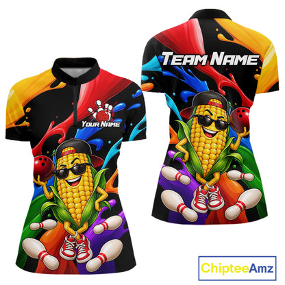 Custom Funny Corn Bowling Shirt Colorful Bowling Team Jersey for Women Polo & 1/4-Zip QZT1305