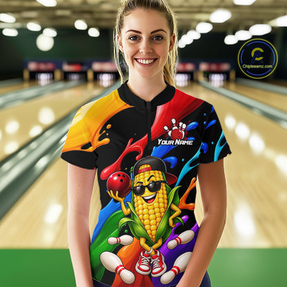 Custom Funny Corn Bowling Shirt Colorful Bowling Team Jersey for Women Polo & 1/4-Zip QZT1305