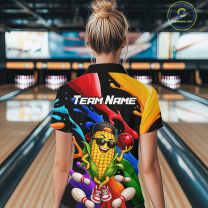 Custom Funny Corn Bowling Shirt Colorful Bowling Team Jersey for Women Polo & 1/4-Zip QZT1305