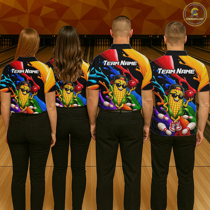 Custom Funny Corn Bowling Shirt Colorful Bowling Team Jersey for Women Polo & 1/4-Zip QZT1305