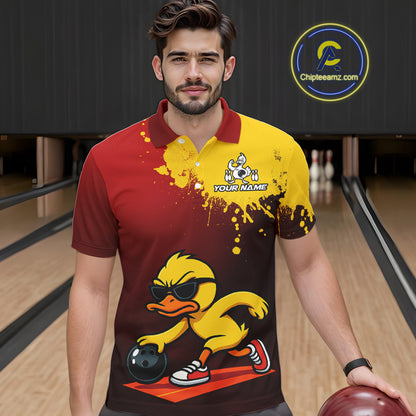 Custom Funny Duck Bowling Shirt for Men Red & Yellow Bowling Jersey Polo & 1/4 Zip QZT791