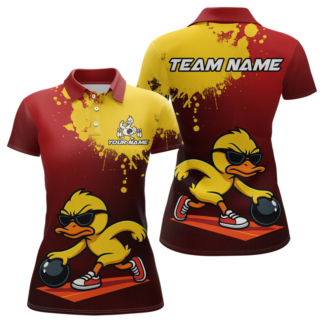 Custom Funny Duck Bowling Shirt for Women Red & Yellow Bowling Jersey Polo & 1/4 Zip QZT791