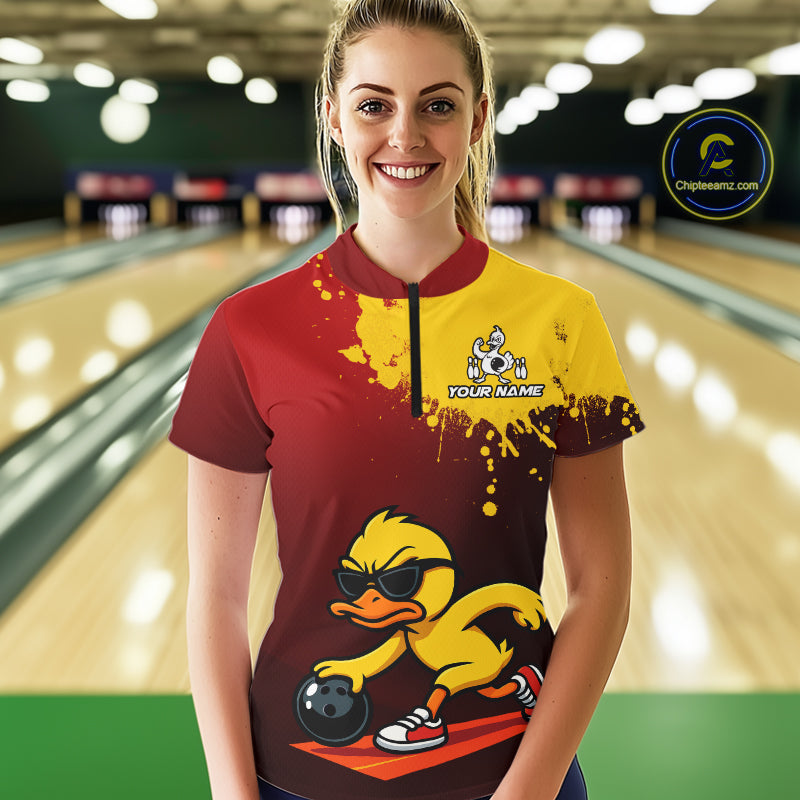 Custom Funny Duck Bowling Shirt for Women Red & Yellow Bowling Jersey Polo & 1/4 Zip QZT791