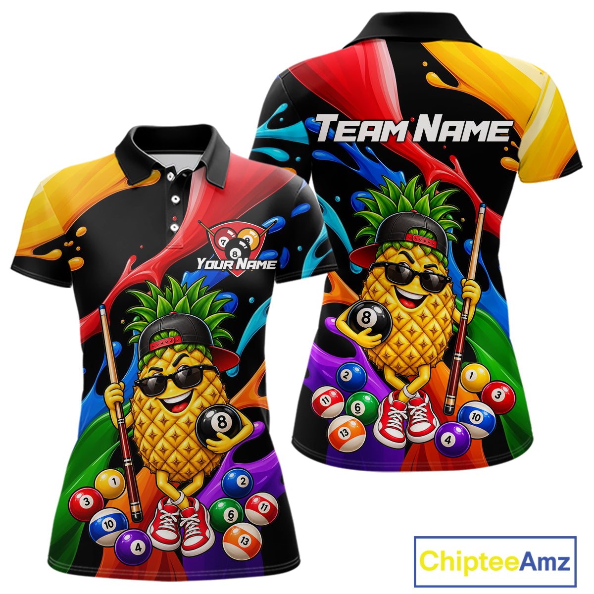 Custom Colorful Funny Pineapple Billiard Shirt for Women 8 Ball Billiard League Jersey Polo & 1/4-Zip BHT162