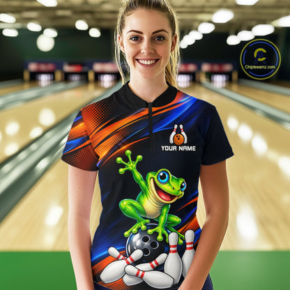 Custom Funny Frog Bowling Team Shirt for Women Bowling League Jersey Polo & 1/4 Zip QZT1377