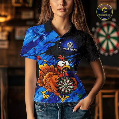 Custom Blue Funny Chicken Darts Shirt for Women Dartboard Dart Team Jersey Polo & Quarter-Zip DHT91