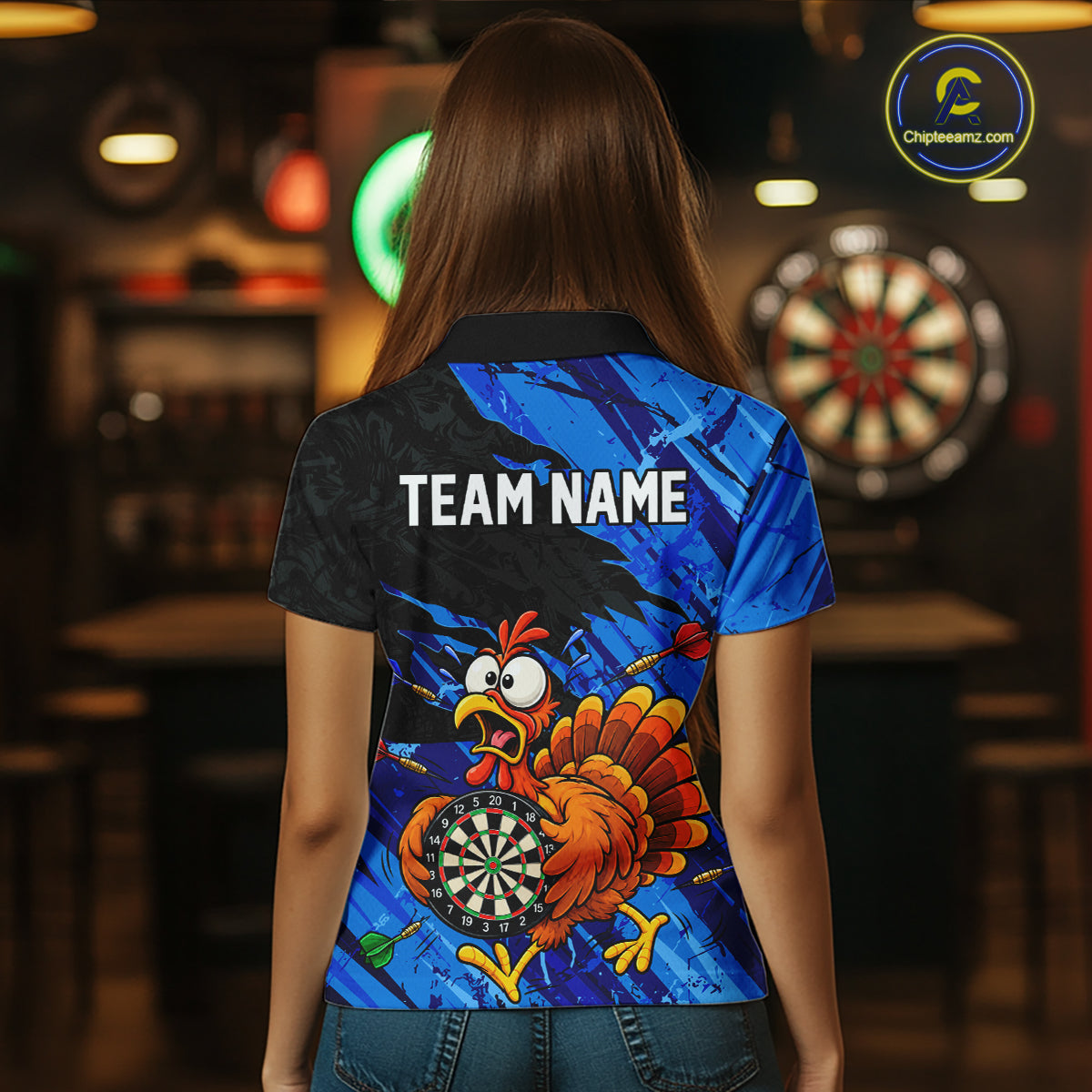 Custom Blue Funny Chicken Darts Shirt for Women Dartboard Dart Team Jersey Polo & Quarter-Zip DHT91