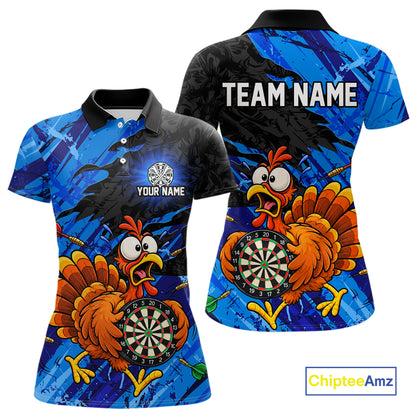 Custom Blue Funny Chicken Darts Shirt for Women Dartboard Dart Team Jersey Polo & Quarter-Zip DHT91