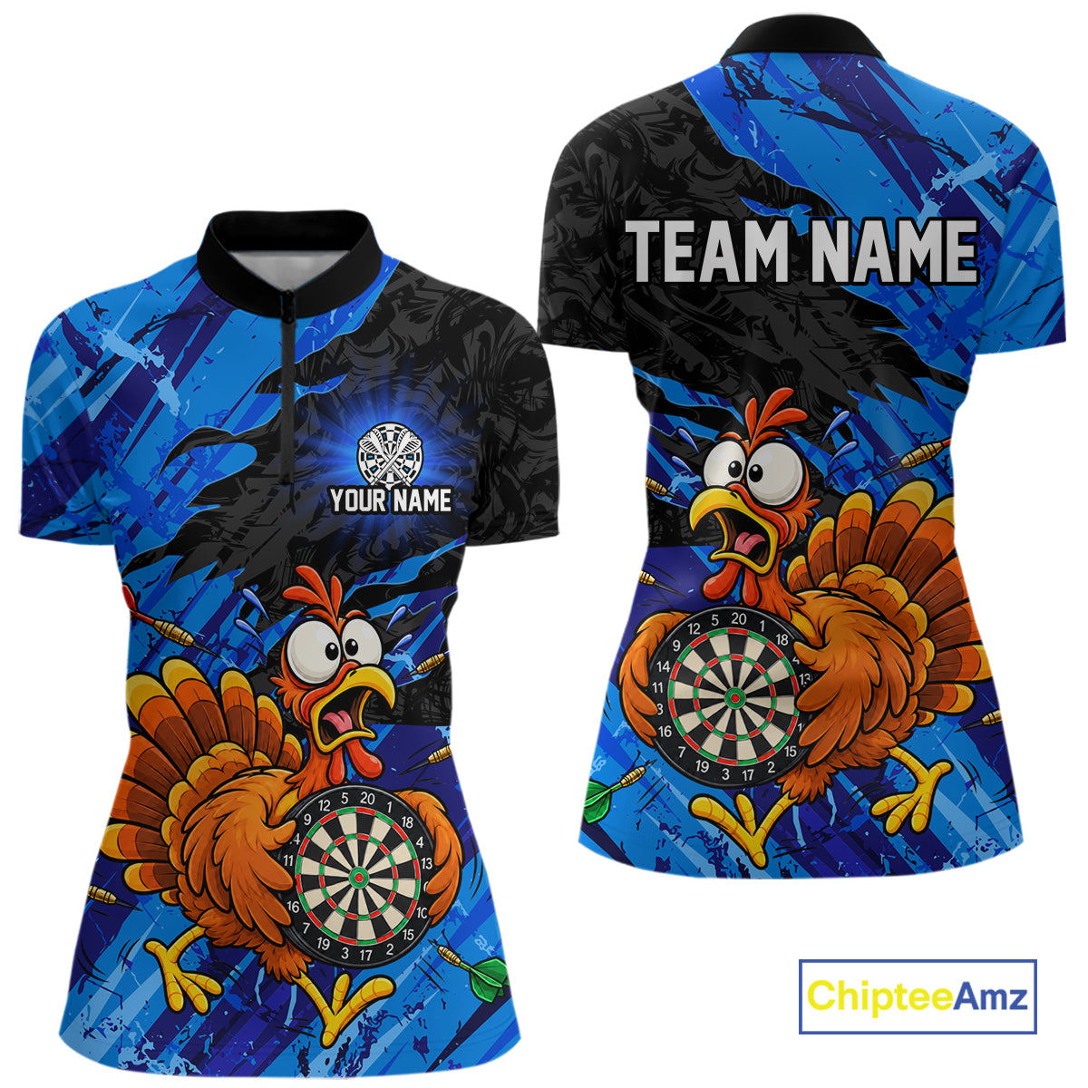 Custom Blue Funny Chicken Darts Shirt for Women Dartboard Dart Team Jersey Polo & Quarter-Zip DHT91