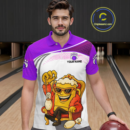 Custom Funny Purple Beer Polo Bowling Team Shirt for Men Quarter-Zip Bowling Jersey Outfit QZT820