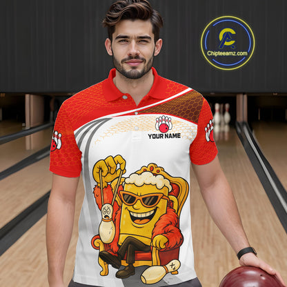 Custom Funny Red Beer Polo Bowling Team Shirt for Men Quarter-Zip Bowling Jersey Outfit QZT820
