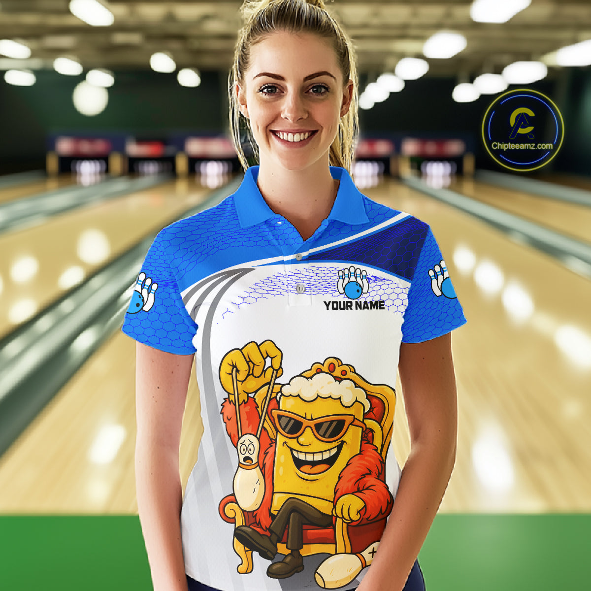 Custom Funny Blue Beer Polo Bowling Team Shirt for Women Quarter-Zip Bowling Jersey Outfit QZT820