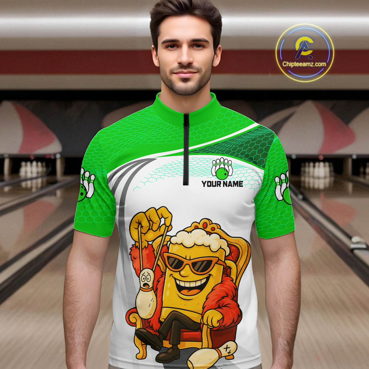 Custom Funny Green Beer Polo Bowling Team Shirt for Men Quarter-Zip Bowling Jersey Outfit QZT820