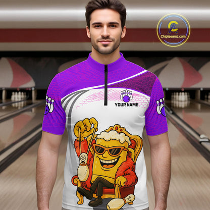 Custom Funny Purple Beer Polo Bowling Team Shirt for Men Quarter-Zip Bowling Jersey Outfit QZT820