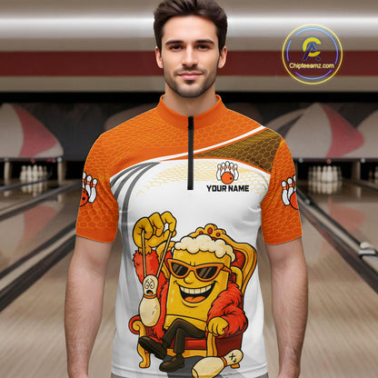 Custom Funny Orange Beer Polo Bowling Team Shirt for Men Quarter-Zip Bowling Jersey Outfit QZT820