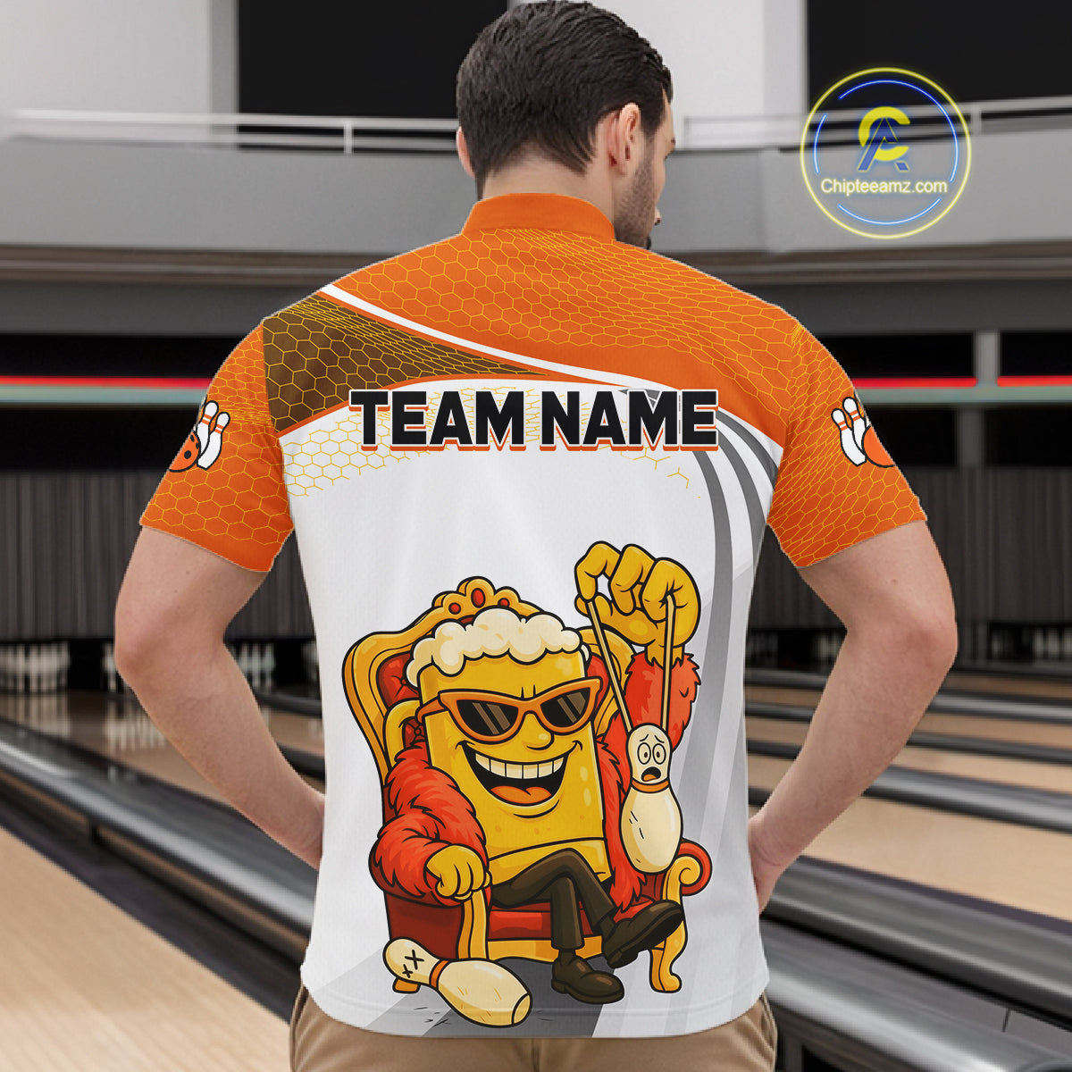 Custom Funny Orange Beer Polo Bowling Team Shirt for Men Quarter-Zip Bowling Jersey Outfit QZT820