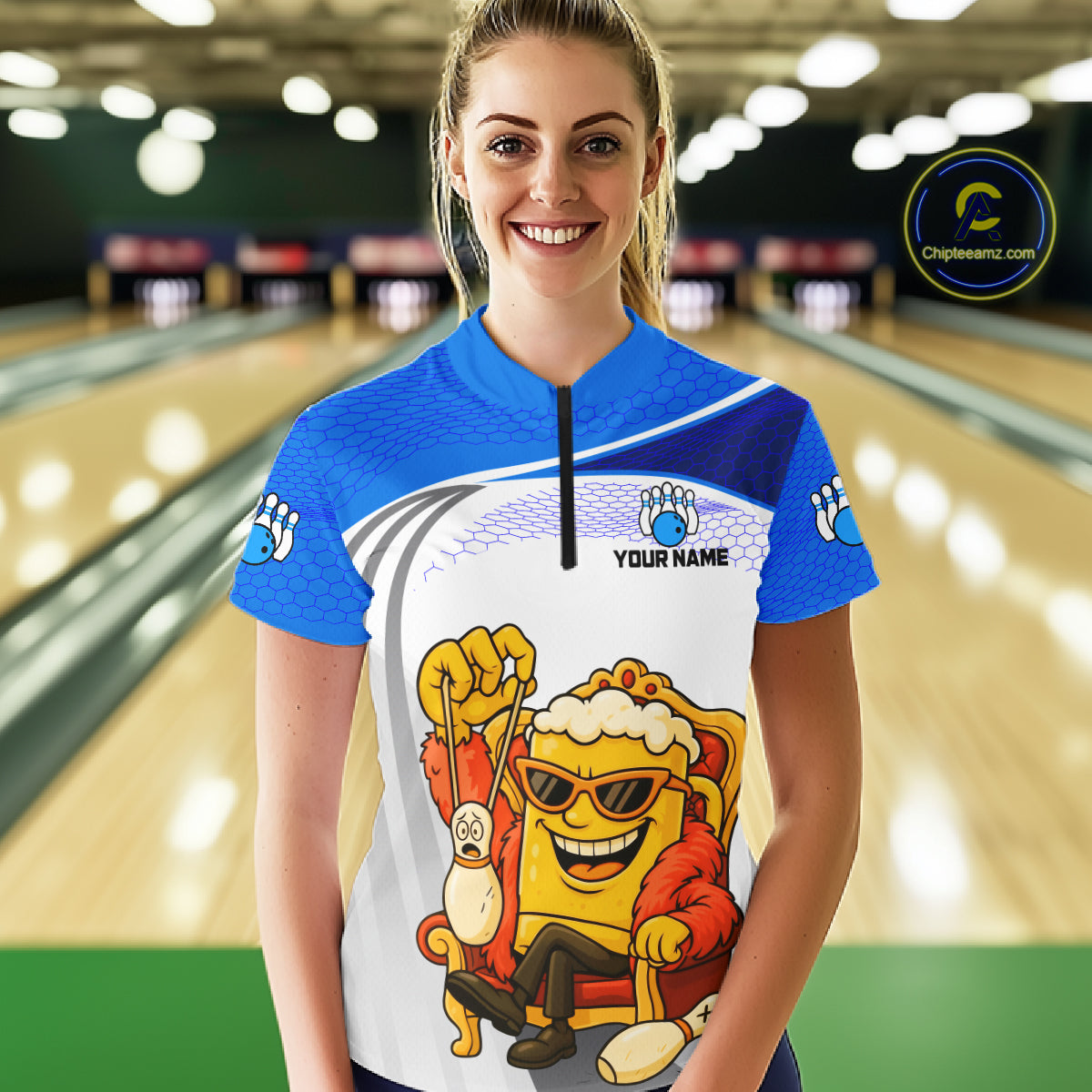 Custom Funny Blue Beer Polo Bowling Team Shirt for Women Quarter-Zip Bowling Jersey Outfit QZT820