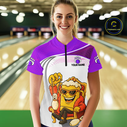Custom Funny Purple Beer Polo Bowling Team Shirt for Women Quarter-Zip Bowling Jersey Outfit QZT820