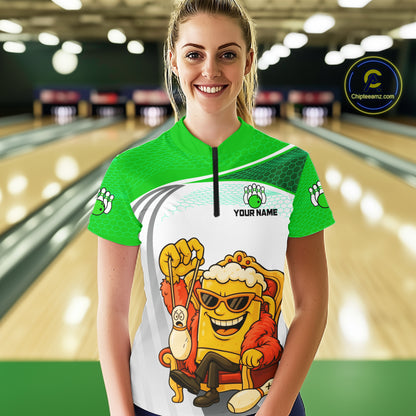 Custom Funny Green Beer Polo Bowling Team Shirt for Women Quarter-Zip Bowling Jersey Outfit QZT820